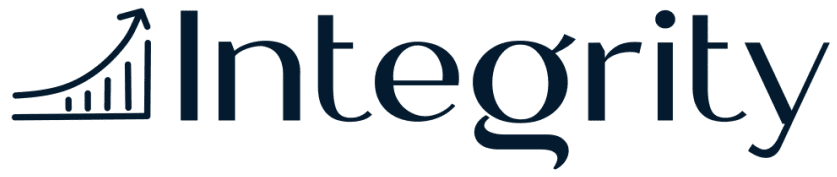 The word "Integrity" in dark blue text, with a rising bar graph and arrow integrated into the capital letter "I" at the beginning.